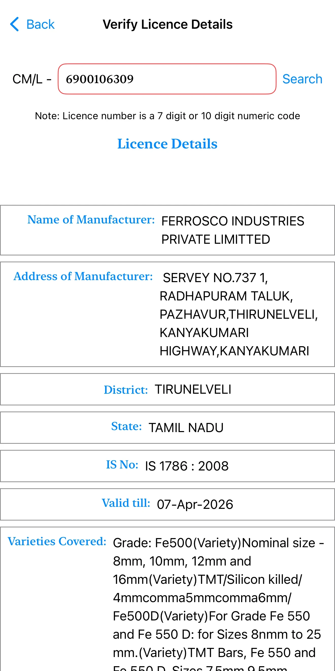 BIS Care App results showing Ferrosco Industries Tusker TMT 550D licence details