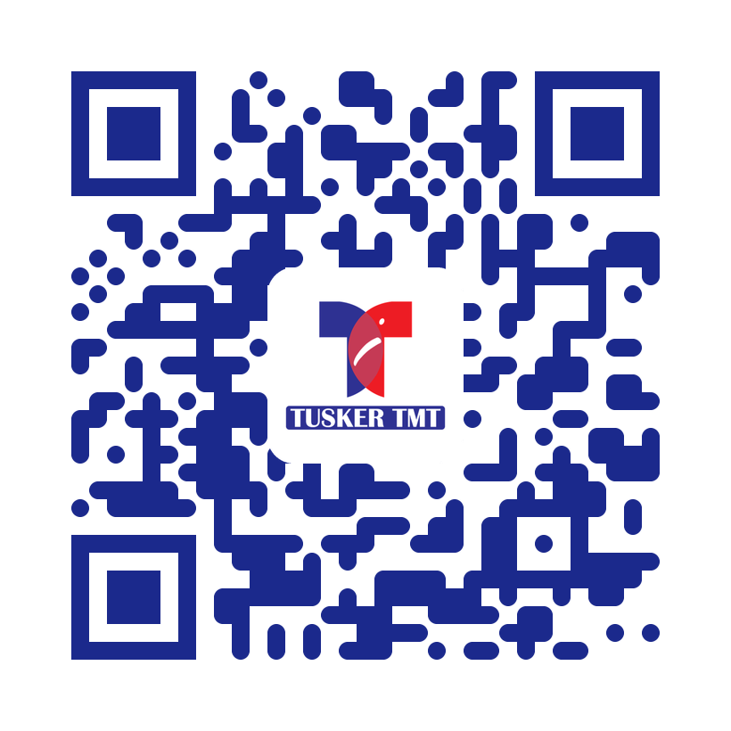 QR code linking to www.tuskertmt.com — Tusker TMT company, manufacturing and BIS certification details