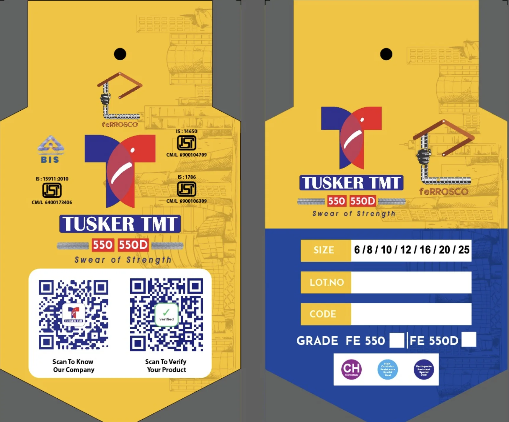 Tusker TMT bundle tag showing the QR verification codes, BIS/ISI marks, and lot & code fields