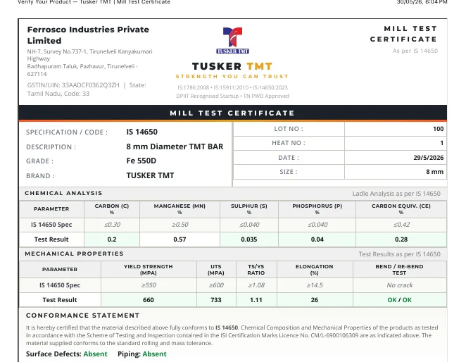 verified.tuskertmt.com verification portal — Your Steel, Verified — lot number and verification code entry